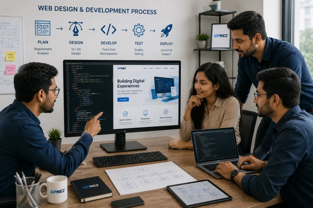 Web design and development process from planning and design to testing and deployment
